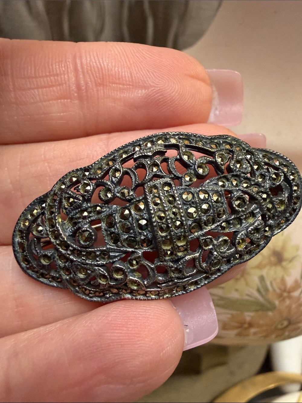Vintage Marcasite Filigree Oval Brooch - Black and Silver